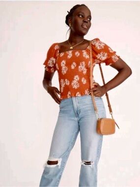 Madewell Orange Red Floral Top Small